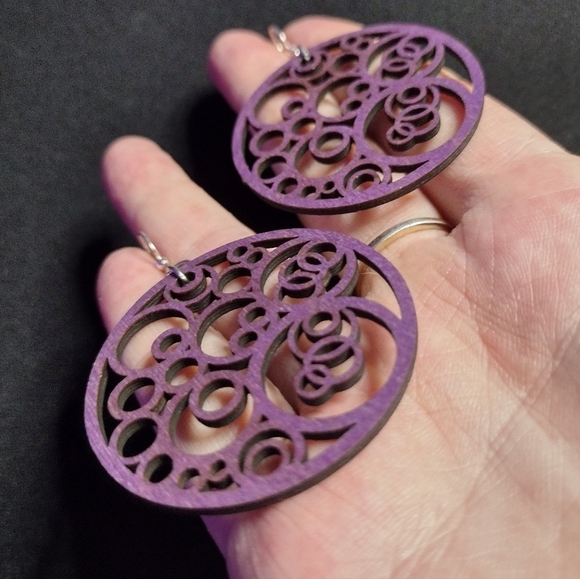 Purple Wooden Circle Dangle Earrings - Picture 3 of 6